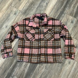 Nwt’s Lulus Pink Plaid Bling Sherpa Fleece Cropped Jacket Women’s M